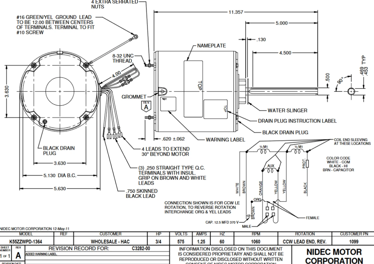 1099 Nidec 3/4 Hp 1060 RPM 575V 5.6" Dia. (No Base) 1-Speed TEAO Condenser Motor 4 1099 Nidec 3/4 Hp 1060 RPM 575V 5.6" Dia. (No Base) 1-Speed TEAO Condenser Motor - Image 2
