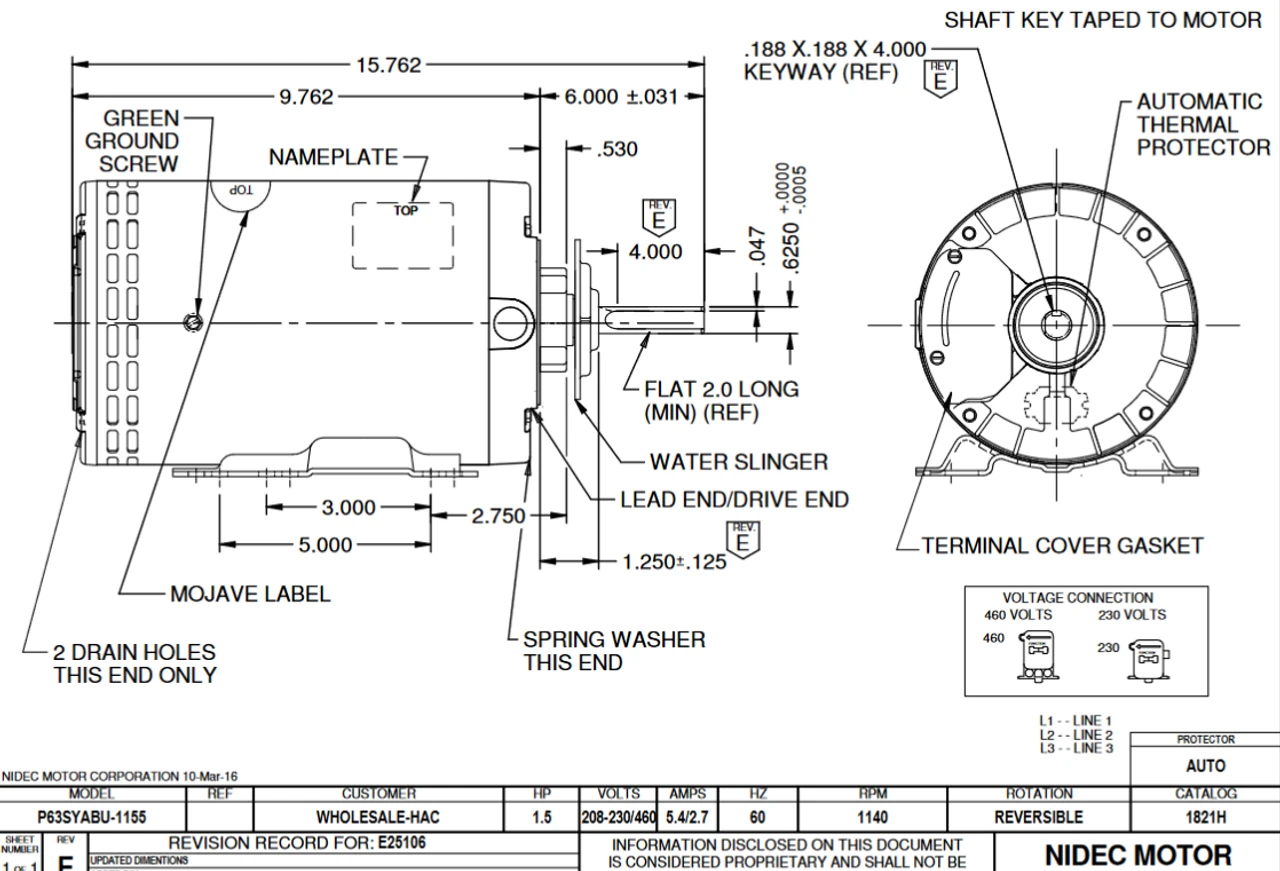 1821H Nidec 1 1/2 Hp 1140 RPM 208-230/460V 56Z Frame (Rigid Base) 1-Speed OAO 3-Phase Commercial Motor 4 1821H Nidec 1 1/2 Hp 1140 RPM 208-230/460V 56Z Frame (Rigid Base) 1-Speed OAO 3-Phase Commercial Motor - Image 2
