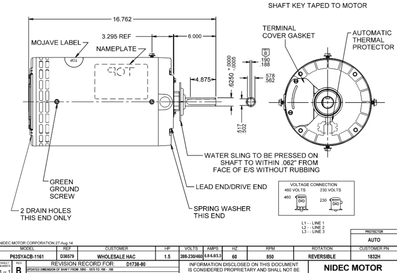 1832H Nidec 1 1/2 Hp 850 RPM 208-230/460V 56Z Frame (No Base) 1-Speed OAO 3-Phase Commercial Motor 4 1832H Nidec 1 1/2 Hp 850 RPM 208-230/460V 56Z Frame (No Base) 1-Speed OAO 3-Phase Commercial Motor - Image 2