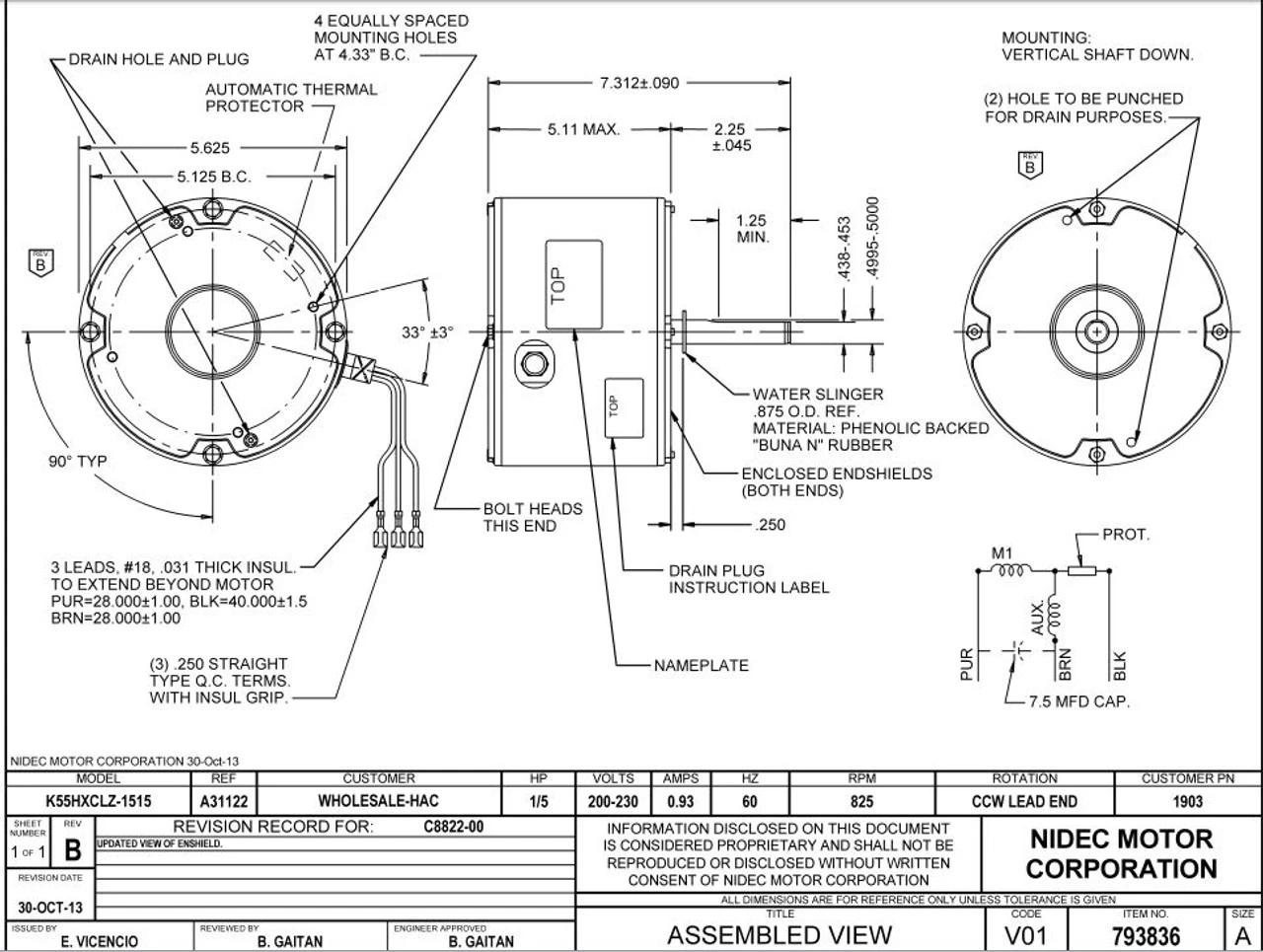 1903 Nidec | 1/5 Hp 825 RPM 1-Speed 200-230V; 5.6" Condenser Motor 4 1903 Nidec | 1/5 Hp 825 RPM 1-Speed 200-230V; 5.6" Condenser Motor - Image 2