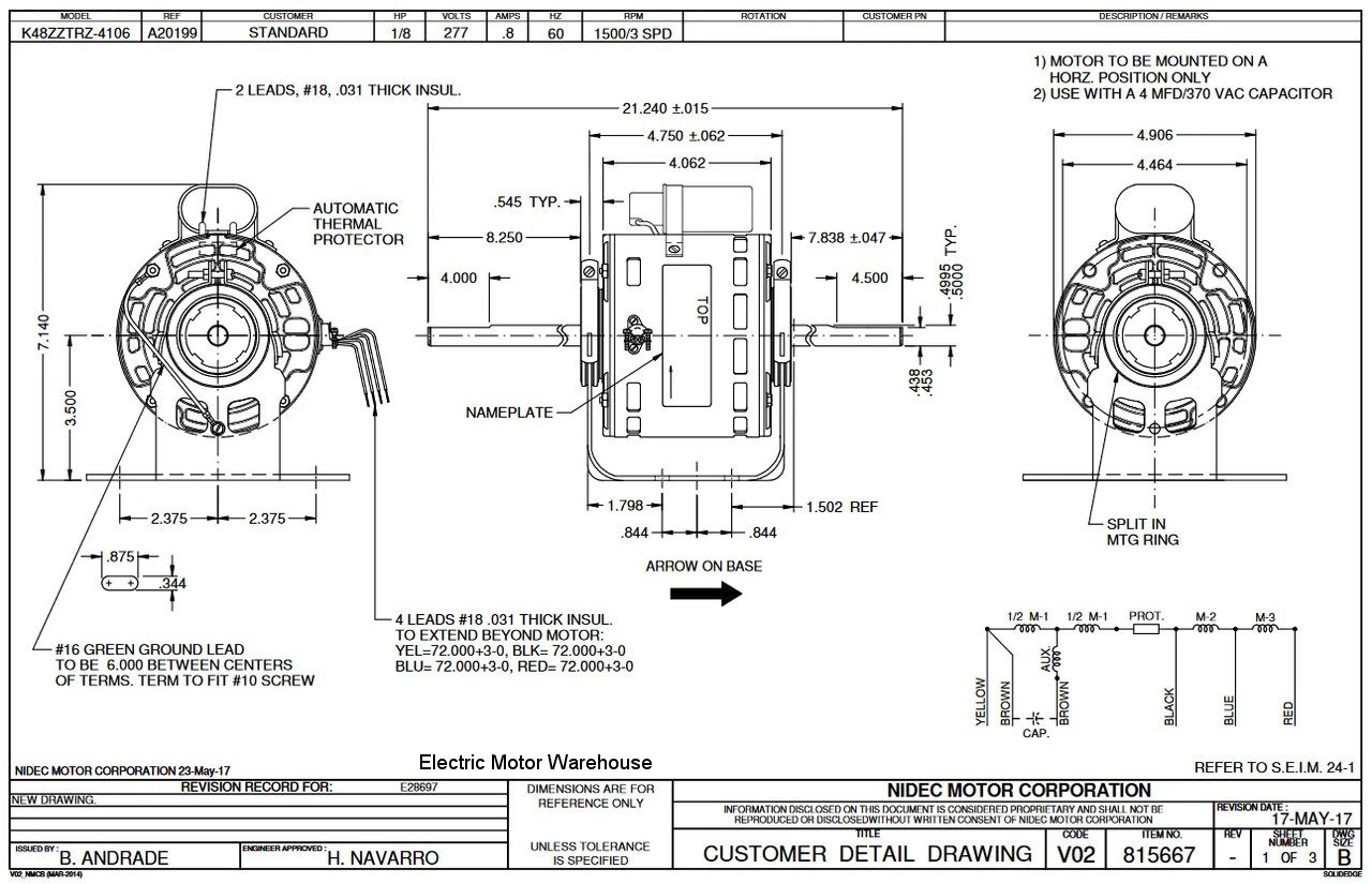 1964 Nidec | 1/8 Hp 1500 RPM 3-Speed 277V; 5" Blower Motor 4 1964 Nidec | 1/8 Hp 1500 RPM 3-Speed 277V; 5" Blower Motor - Image 2