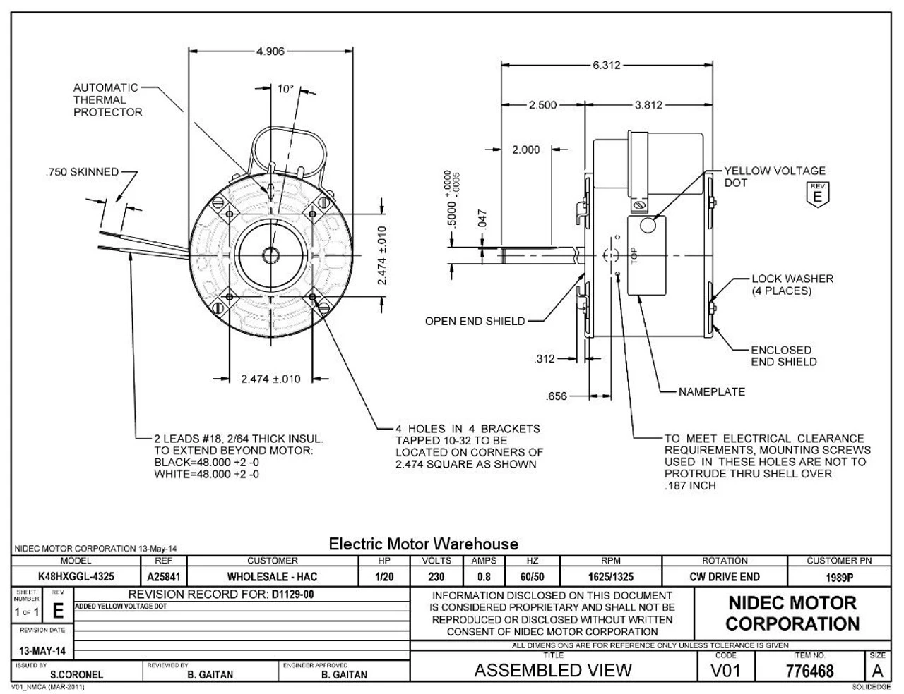 1989P Nidec | 1/20 Hp 1625 RPM 1-Speed 230V; 5.0" Condenser Motor 5 1989P Nidec | 1/20 Hp 1625 RPM 1-Speed 230V; 5.0" Condenser Motor - Image 3
