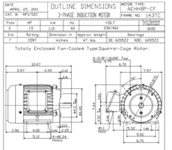 NP1/52C TECO Westinghouse 1 1/2 Hp 3600 RPM 143TC Frame 208-230/460V TEFC 3-Phase Motor -3c Shop 52 line 51015.1654013510