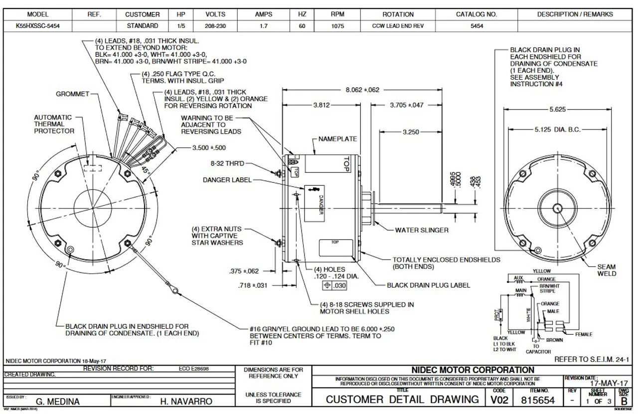 5454 Nidec | 1/5 Hp 1075 RPM 1-Speed 208-230V; 5.6" Blower Motor 5 5454 Nidec | 1/5 Hp 1075 RPM 1-Speed 208-230V; 5.6" Blower Motor - Image 3