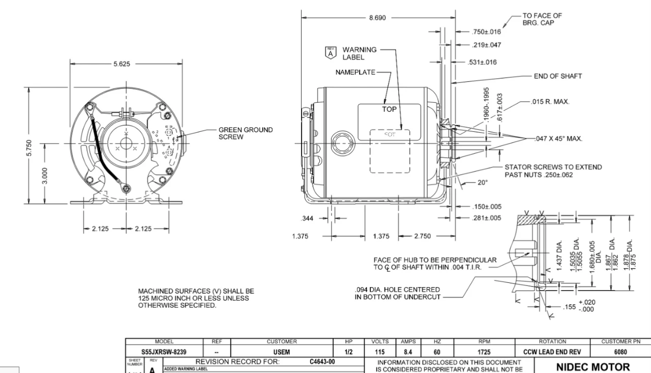 6080 Nidec 1/2 Hp 1800 RPM 115V ODP 1-Phase Carbonator Pump Motor Replacement 4 6080 Nidec 1/2 Hp 1800 RPM 115V ODP 1-Phase Carbonator Pump Motor Replacement - Image 2