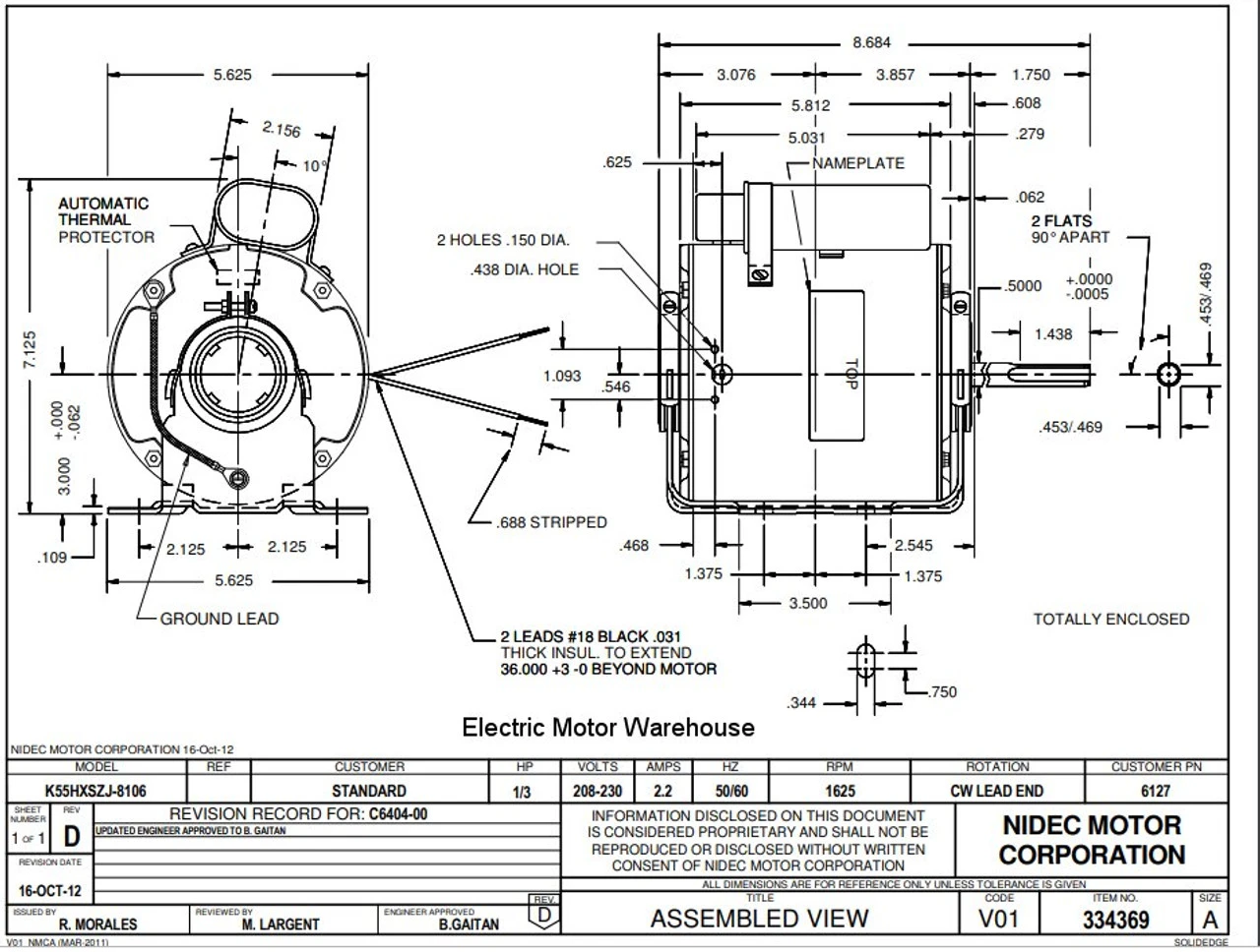 6127 Nidec | 1/3 Hp 1625 RPM 1-Speed 208-230V; 5.6" Blower Motor 4 6127 Nidec | 1/3 Hp 1625 RPM 1-Speed 208-230V; 5.6" Blower Motor - Image 2
