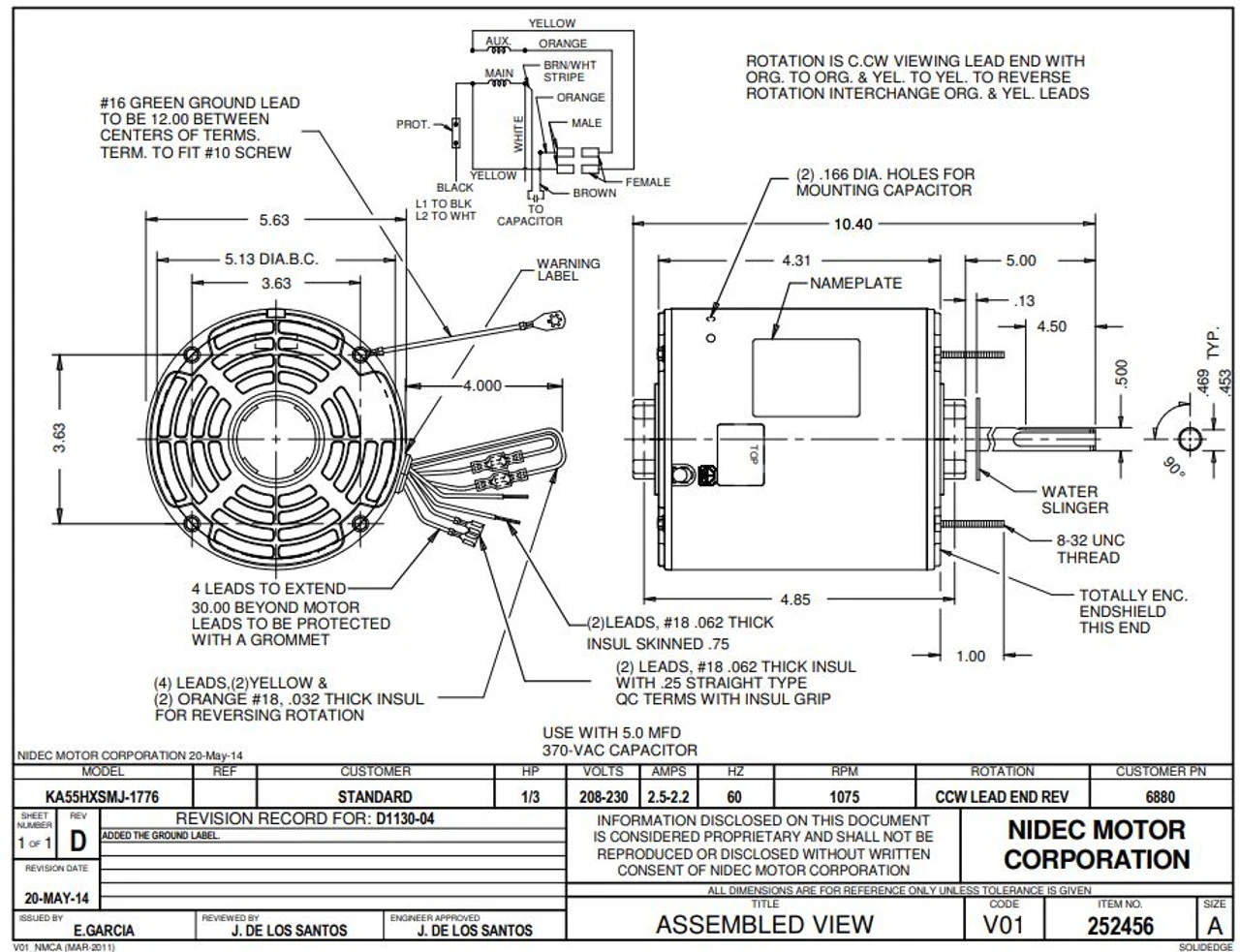 6880 Nidec | 1/3 Hp 1075 RPM 1-Speed 208-230V; 5.6" Condenser Motor 5 6880 Nidec | 1/3 Hp 1075 RPM 1-Speed 208-230V; 5.6" Condenser Motor - Image 3