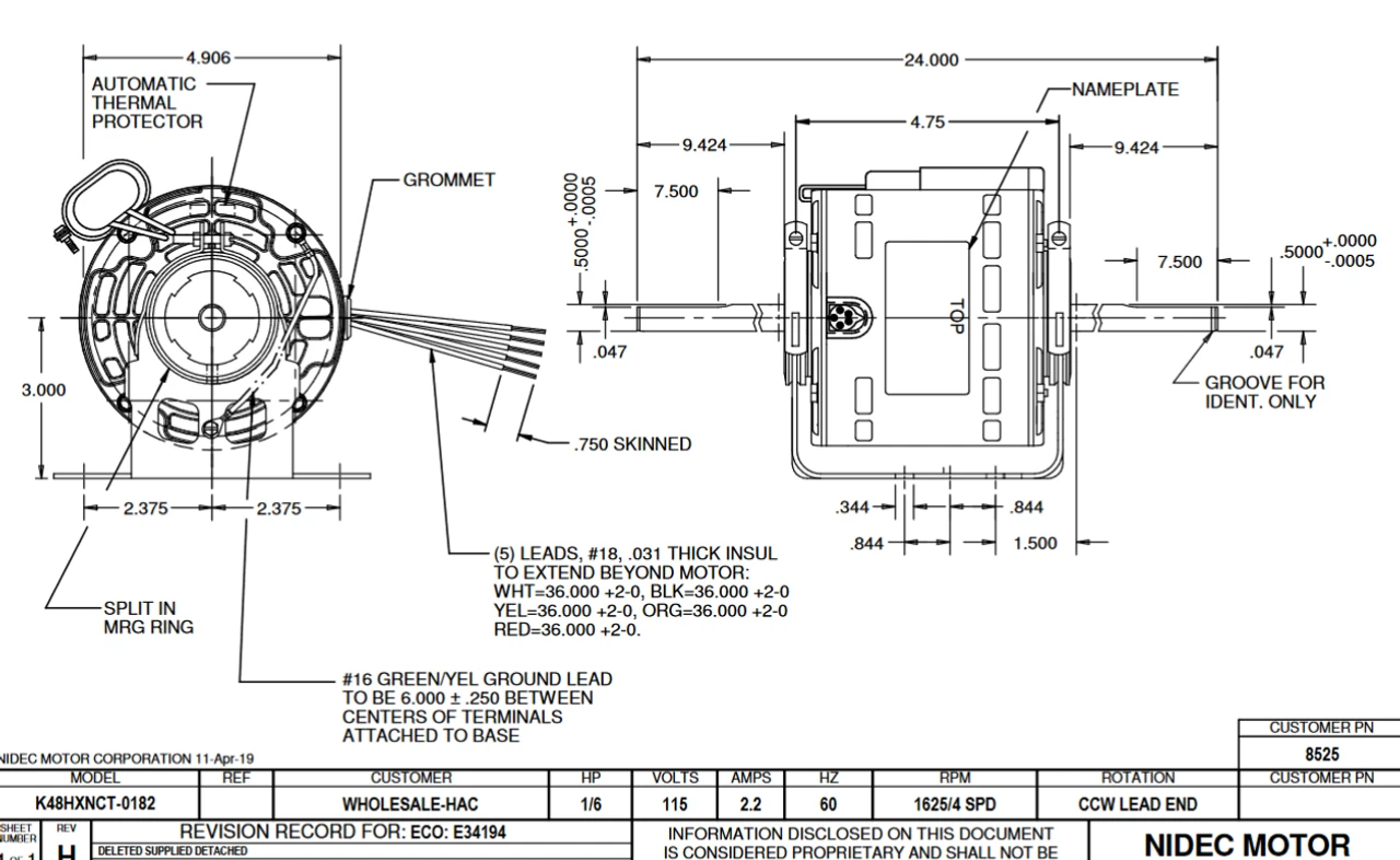 8525 Nidec 1/6 Hp 1625 RPM 115V 5.0" Dia. (Base) 4-Speed Open Fan Motor 4 8525 Nidec 1/6 Hp 1625 RPM 115V 5.0" Dia. (Base) 4-Speed Open Fan Motor - Image 2