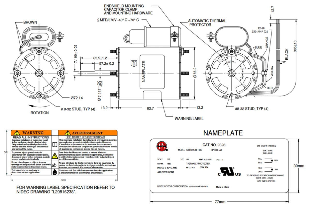 9628 Nidec 1/30-1/40 Hp 1550 RPM 115V 0.33" Dia. (No Base) 1-Speed TEAO PSC Motor 4 9628 Nidec 1/30-1/40 Hp 1550 RPM 115V 0.33" Dia. (No Base) 1-Speed TEAO PSC Motor - Image 2