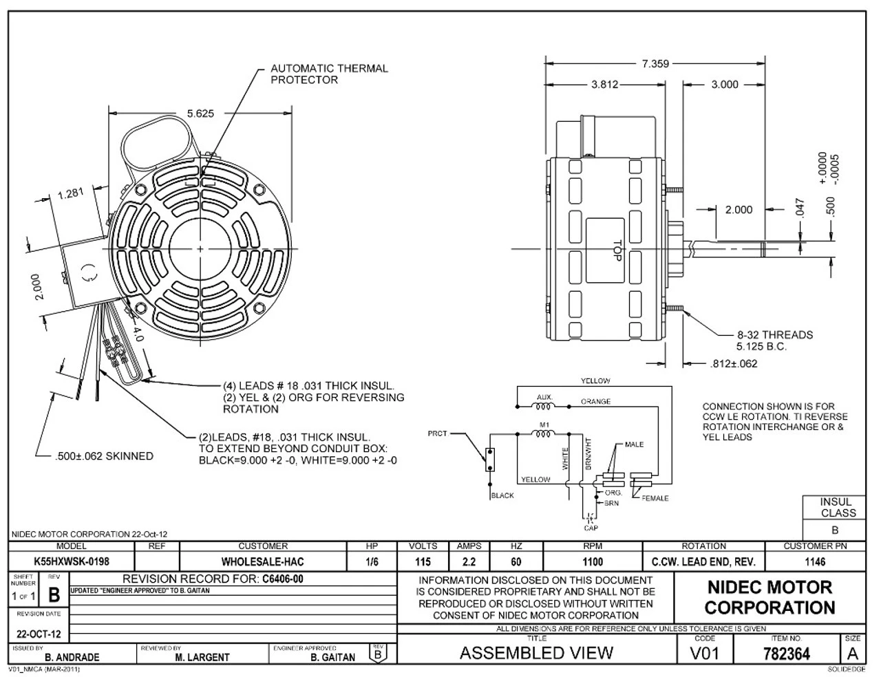 1146 Nidec | 1/6 Hp 1100 RPM 1-Speed 115V; 5.6" Blower Motor 4 1146 Nidec | 1/6 Hp 1100 RPM 1-Speed 115V; 5.6" Blower Motor - Image 2