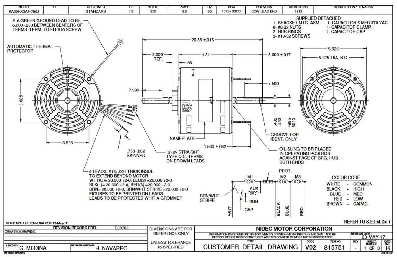 1213 Nidec | 1/3 Hp 1075 RPM 3-Speed 230V; 5.6" Blower Motor 4 1213 Nidec | 1/3 Hp 1075 RPM 3-Speed 230V; 5.6" Blower Motor - Image 2