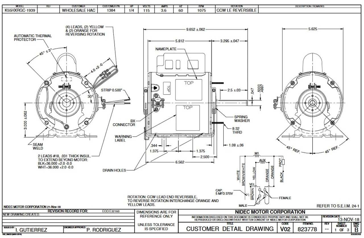 1384 Nidec | 1/4 Hp 1075 RPM 1-Speed 115V; 5.6" Blower Motor 4 1384 Nidec | 1/4 Hp 1075 RPM 1-Speed 115V; 5.6" Blower Motor - Image 2