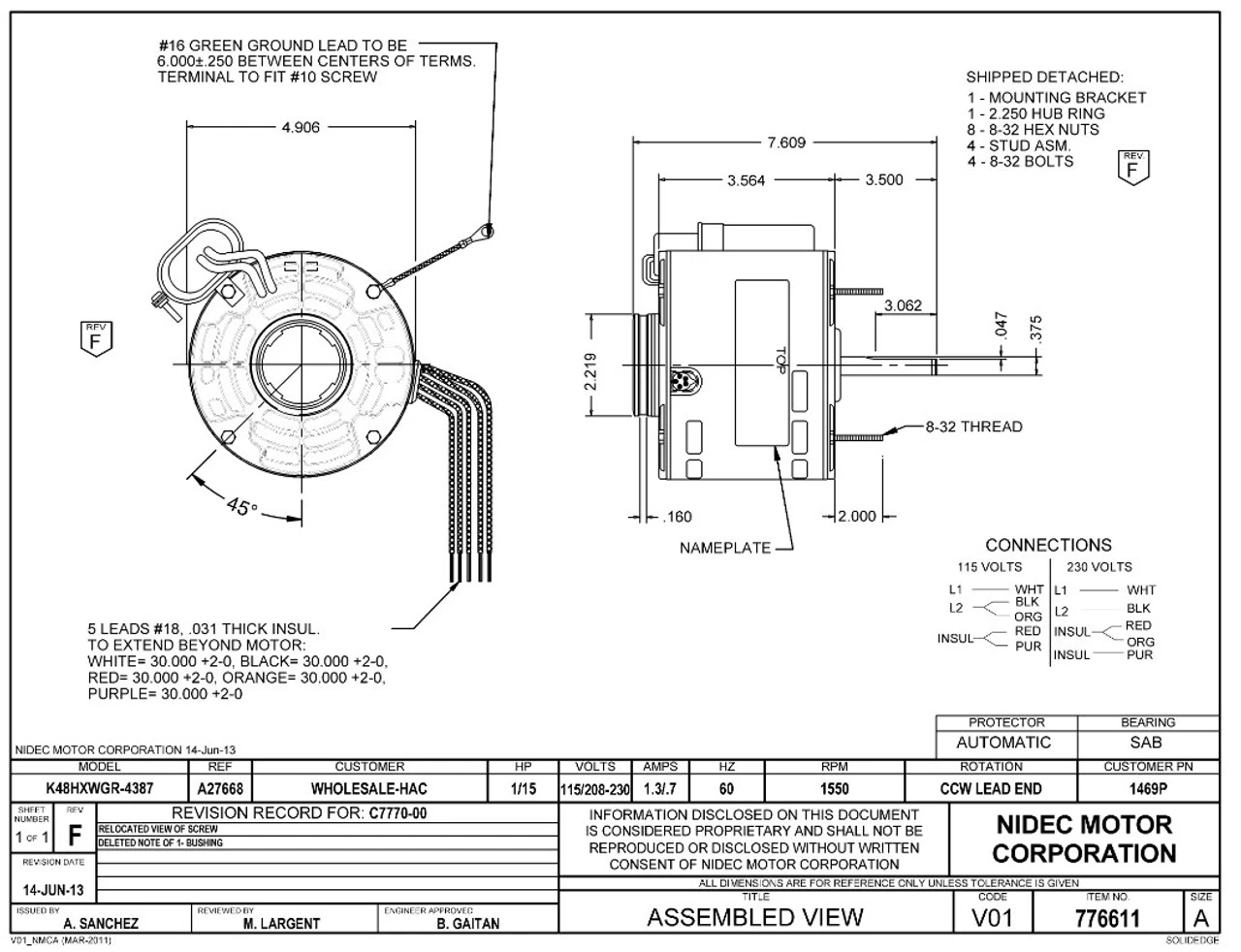 1469P Nidec | 1/15 Hp 1550 RPM 1-Speed 115/208-230V; 5.6" Blower Motor 6 1469P Nidec | 1/15 Hp 1550 RPM 1-Speed 115/208-230V; 5.6" Blower Motor - Image 4