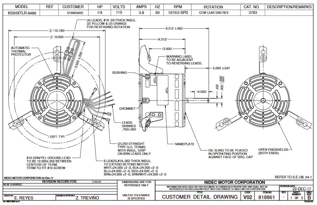 3783 Nidec | 1/4 Hp 1075 RPM 3-Speed 115V; 5.6" Blower Motor 4 3783 Nidec | 1/4 Hp 1075 RPM 3-Speed 115V; 5.6" Blower Motor - Image 2