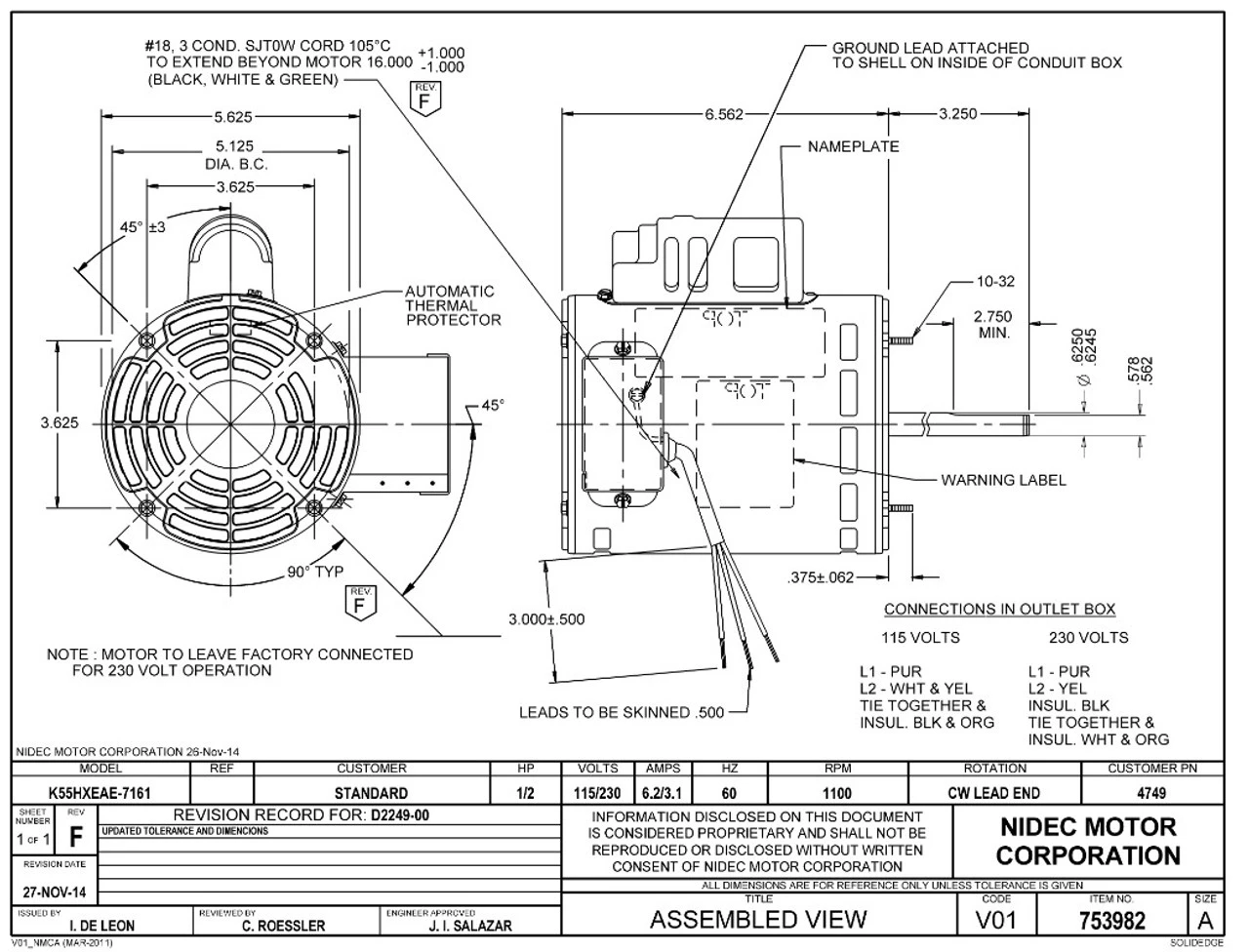 4749 Nidec | 1/2 Hp 1100 RPM 1-Speed 115/230V; 5.6" Blower Motor 4 4749 Nidec | 1/2 Hp 1100 RPM 1-Speed 115/230V; 5.6" Blower Motor - Image 2
