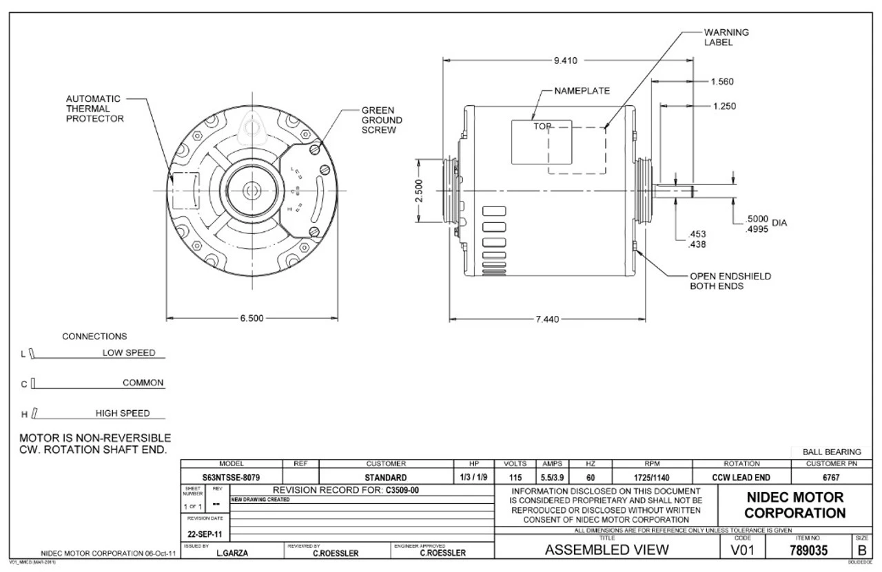 6767 Nidec | 1/3 Hp 1725/1140 RPM 2-Speed 115V; 6.5" Blower Motor 4 6767 Nidec | 1/3 Hp 1725/1140 RPM 2-Speed 115V; 6.5" Blower Motor - Image 2