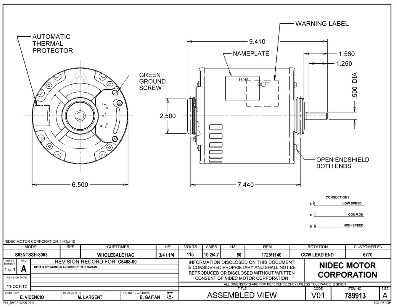 6770 Nidec | 3/4 Hp 1725/1140 RPM 2-Speed 115V; 6.5" Blower Motor 4 6770 Nidec | 3/4 Hp 1725/1140 RPM 2-Speed 115V; 6.5" Blower Motor - Image 2