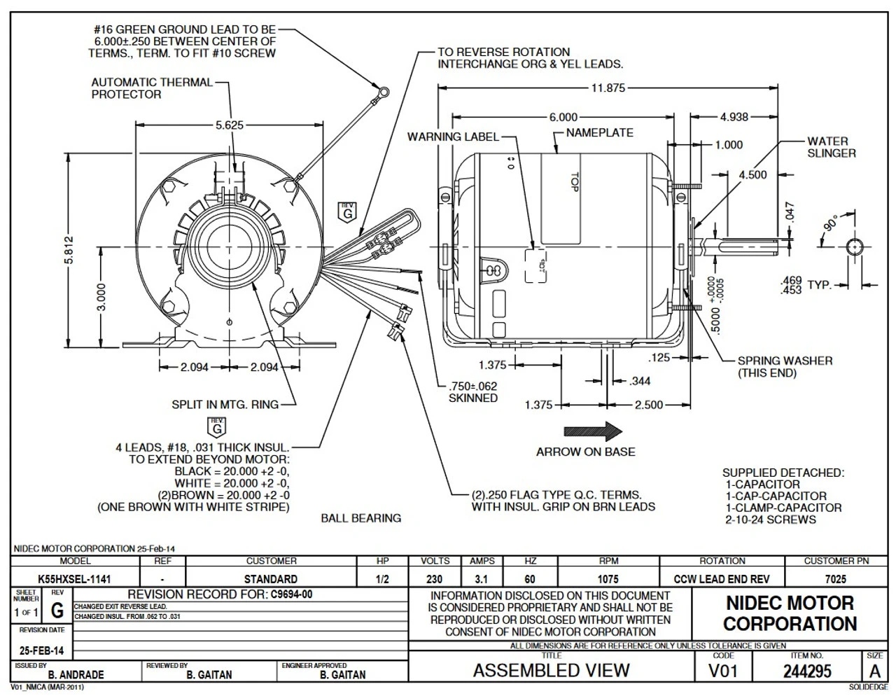 7025 Nidec | 1/2 Hp 1075 RPM 1-Speed 230V; 5.6" Condenser Motor 4 7025 Nidec | 1/2 Hp 1075 RPM 1-Speed 230V; 5.6" Condenser Motor - Image 2