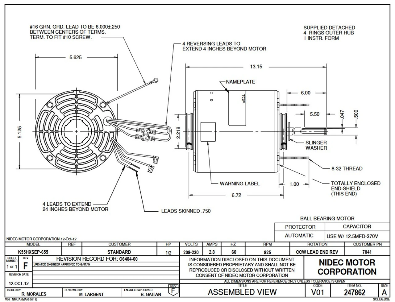 7041 Nidec | 1/2 Hp 825 RPM 1-Speed 208-230V; 5.6" Condenser Motor 4 7041 Nidec | 1/2 Hp 825 RPM 1-Speed 208-230V; 5.6" Condenser Motor - Image 2