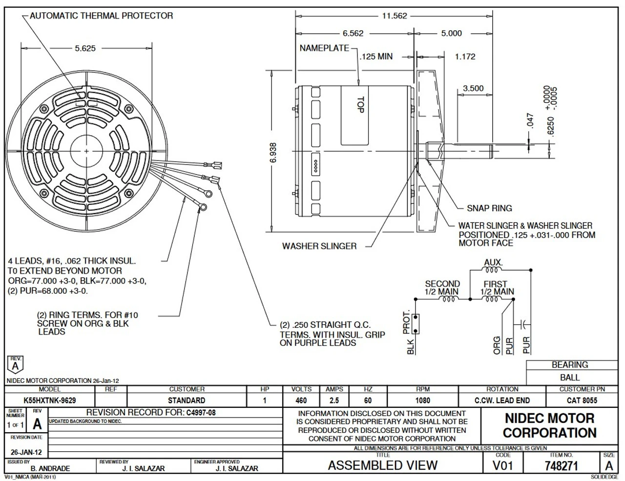 8055 Nidec | 1 Hp 1080 RPM 1-Speed 460V; 5.6" Condensor Fan Motor 4 8055 Nidec | 1 Hp 1080 RPM 1-Speed 460V; 5.6" Condensor Fan Motor - Image 2