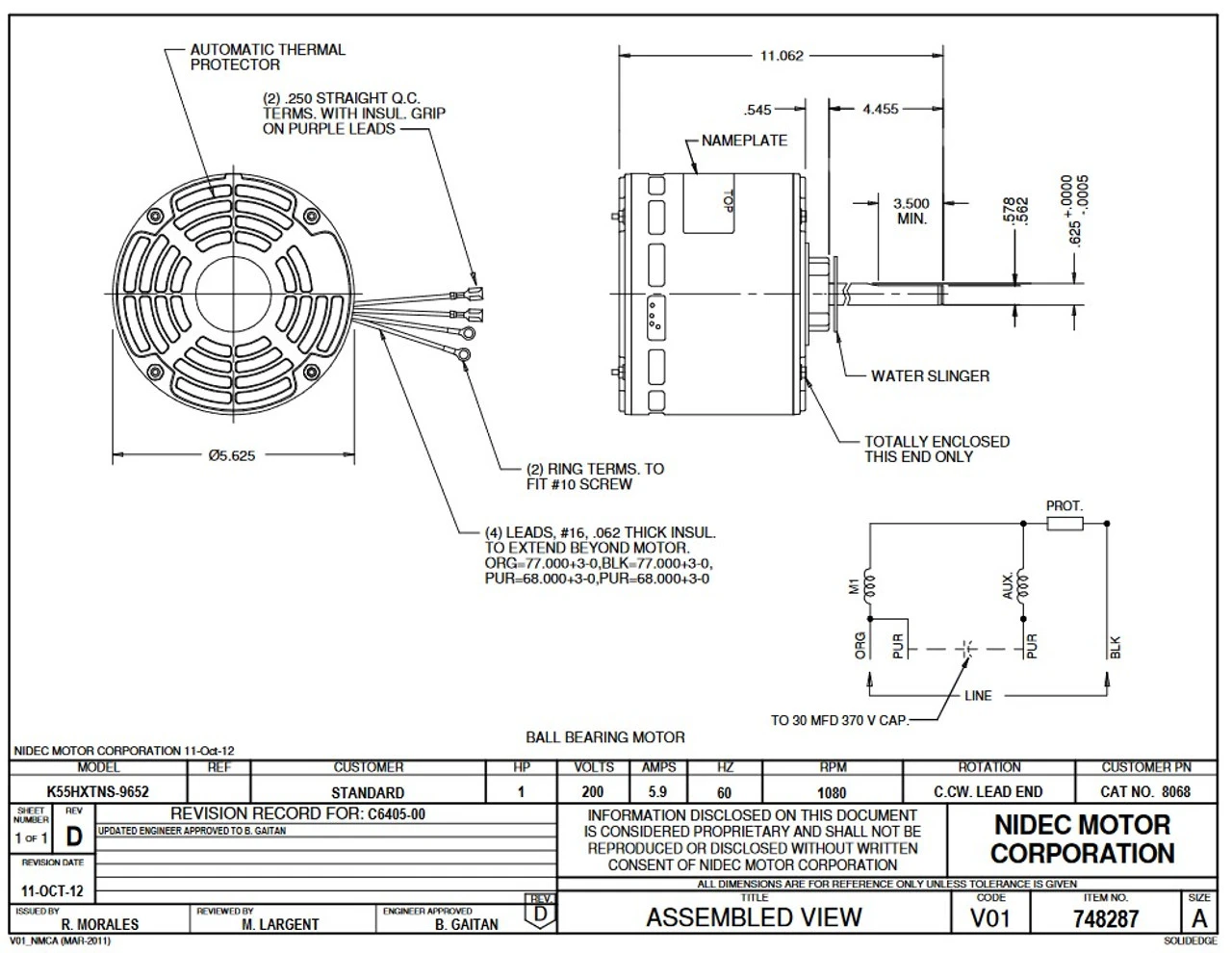 8068 Nidec | 1 Hp 1080 RPM 1-Speed 200V; 5.6" Condenser Fan Motor 4 8068 Nidec | 1 Hp 1080 RPM 1-Speed 200V; 5.6" Condenser Fan Motor - Image 2