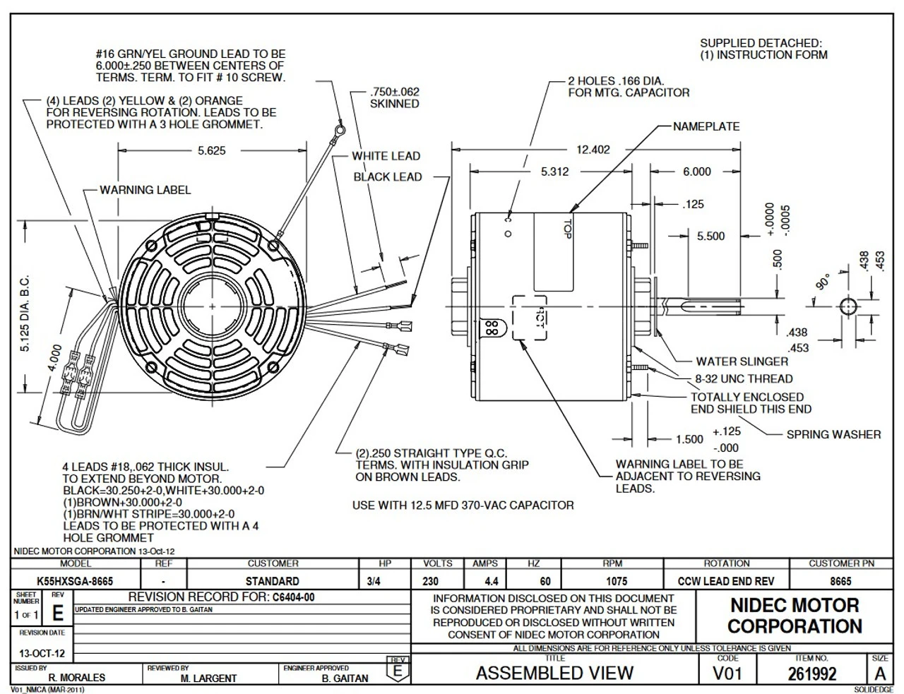 8665 Nidec | 3/4 Hp 1075 RPM 1-Speed 230V; 5.6" Condenser Motor 5 8665 Nidec | 3/4 Hp 1075 RPM 1-Speed 230V; 5.6" Condenser Motor - Image 3
