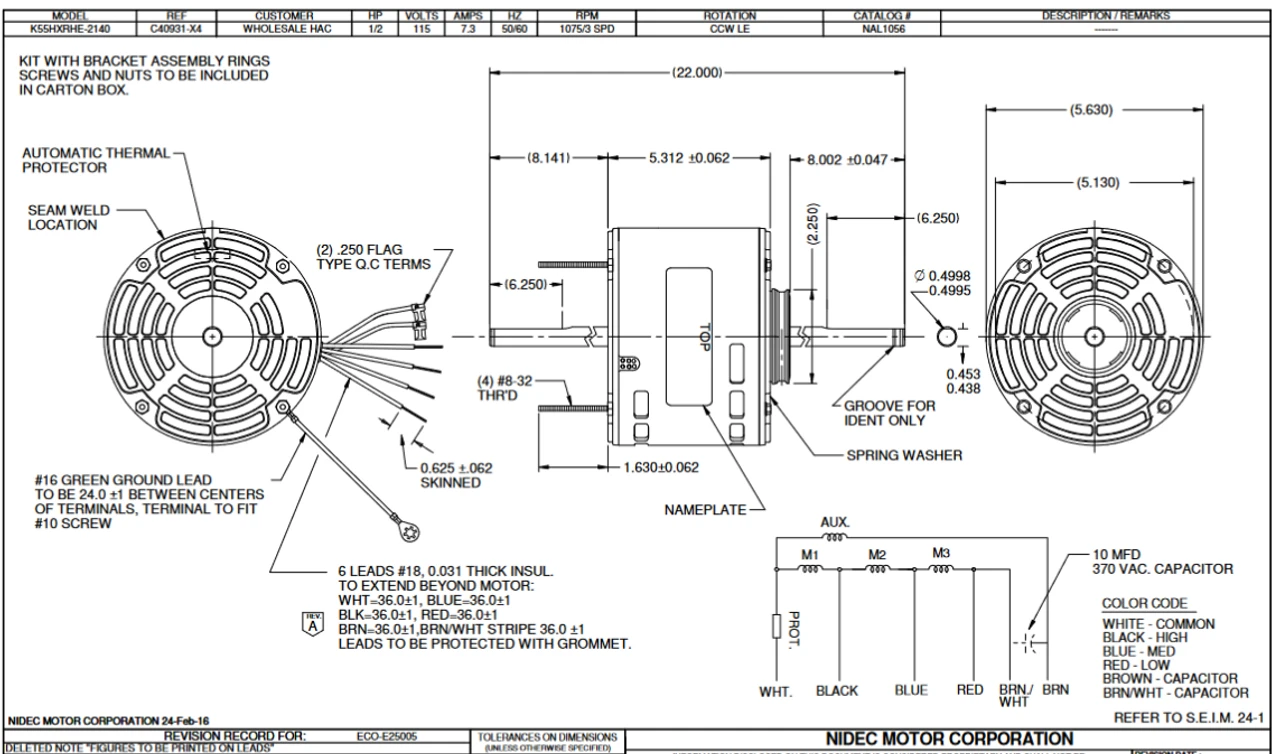 NAL1056 Nidec 1/2 Hp 1075 RPM 115V 5.6" Dia. (No Base) 3-Speed OAO Fan Motor 4 NAL1056 Nidec 1/2 Hp 1075 RPM 115V 5.6" Dia. (No Base) 3-Speed OAO Fan Motor - Image 2